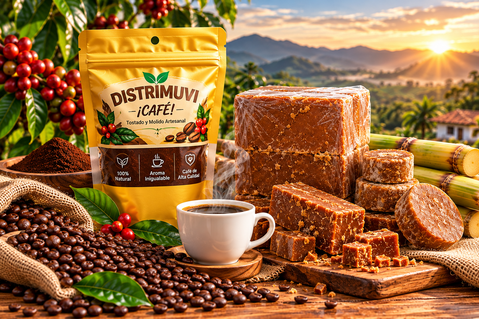 Café colombiano tostado y panela tradicional DISTRIMUVI